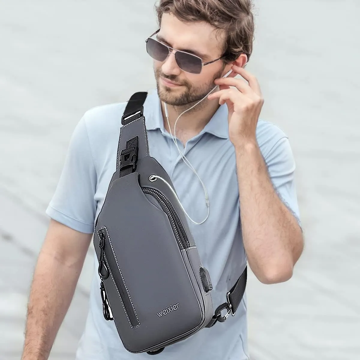 Waterproof Sling Bags Mens Shoulder Crossbody Backpack with USB Charging Port& Headphone,Outdoor Lightweight Bag