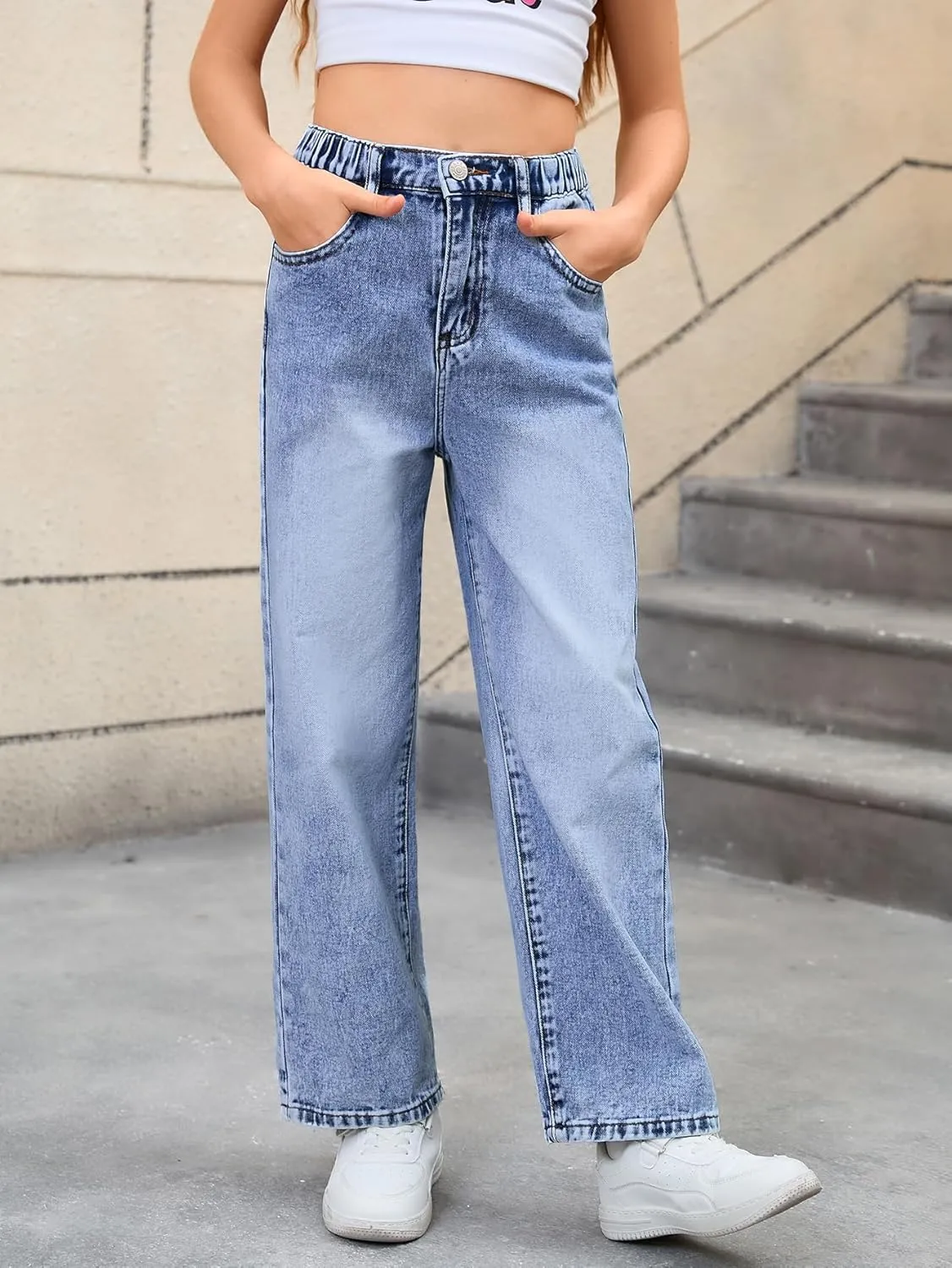 WDIRARA Girl's Bow Print Back Zipper Fly Elastic High Waist Denim Pants Basic Wide Leg Jeans