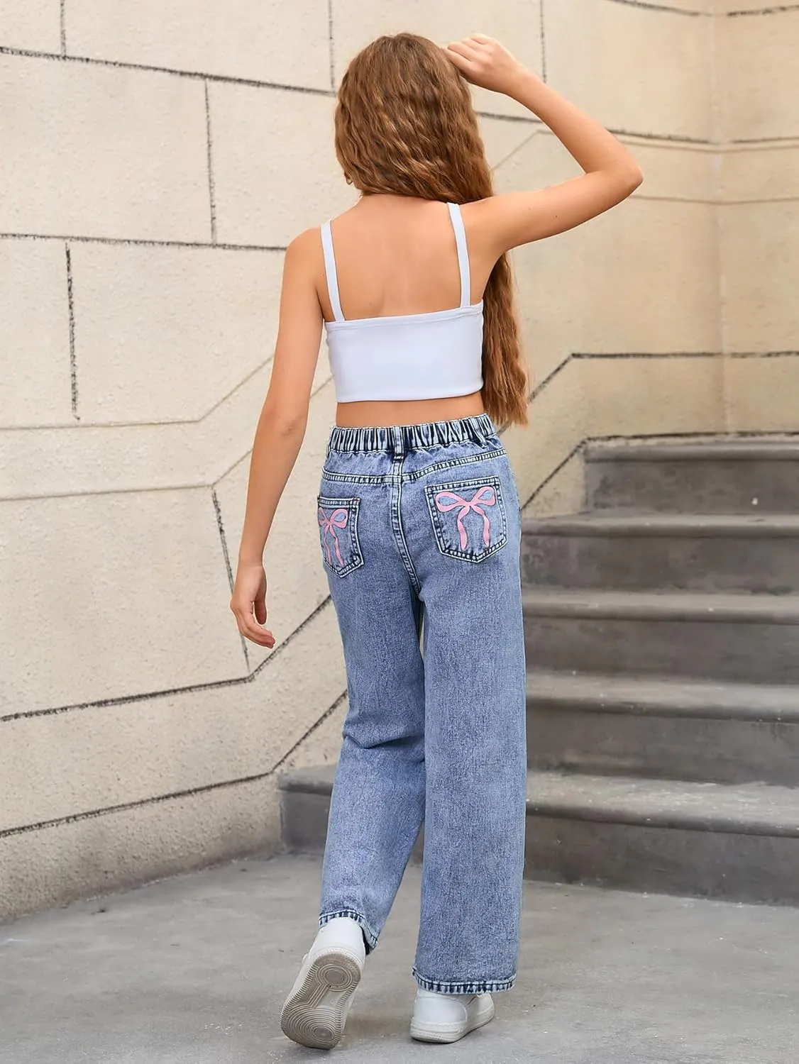 WDIRARA Girl's Bow Print Back Zipper Fly Elastic High Waist Denim Pants Basic Wide Leg Jeans