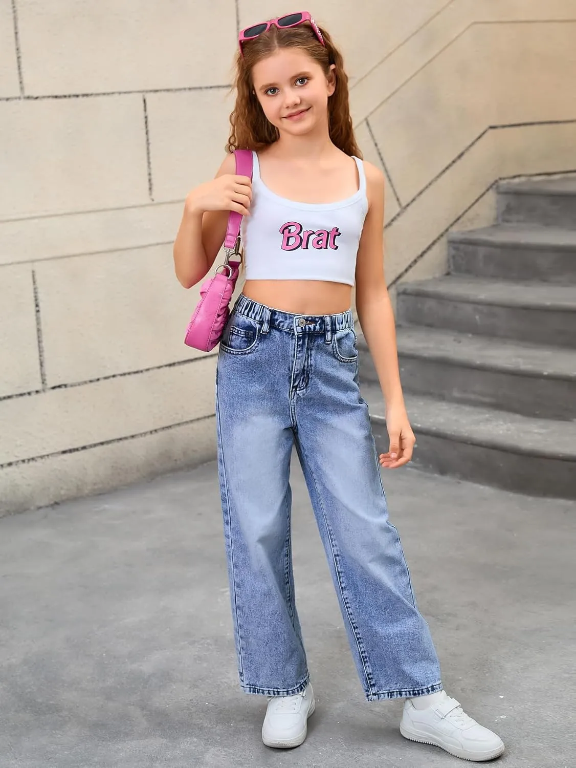 WDIRARA Girl's Bow Print Back Zipper Fly Elastic High Waist Denim Pants Basic Wide Leg Jeans