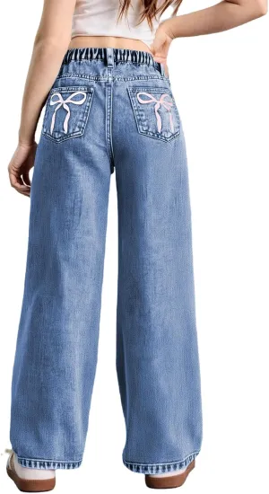 WDIRARA Girl's Bow Print Back Zipper Fly Elastic High Waist Denim Pants Basic Wide Leg Jeans