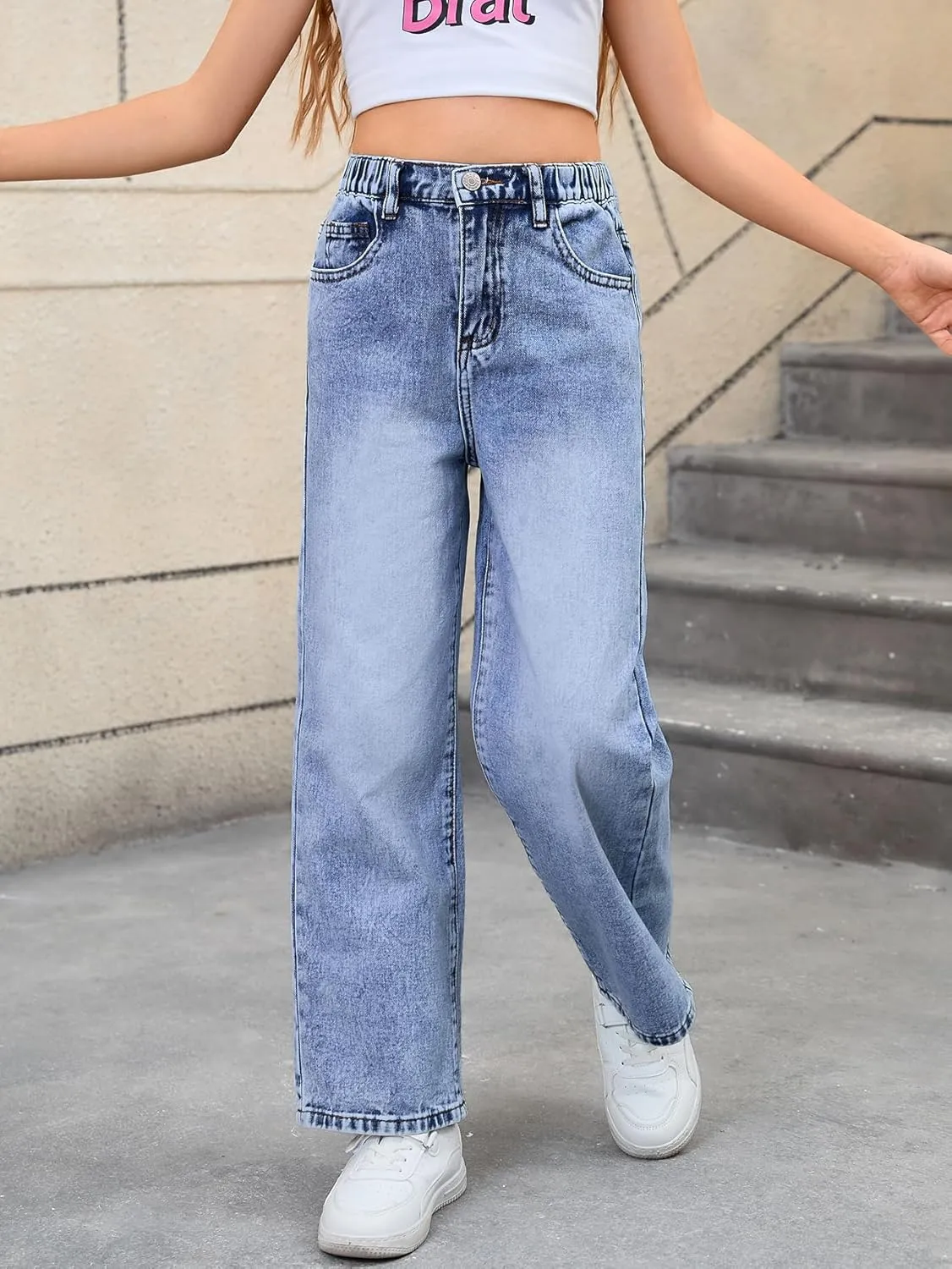 WDIRARA Girl's Bow Print Back Zipper Fly Elastic High Waist Denim Pants Basic Wide Leg Jeans