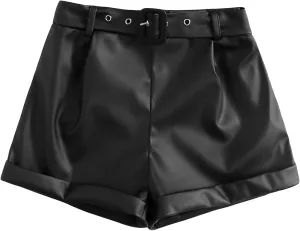 WDIRARA Girl's Leather Shorts Casual Elastic Waist Dressy Shorts with Pocket