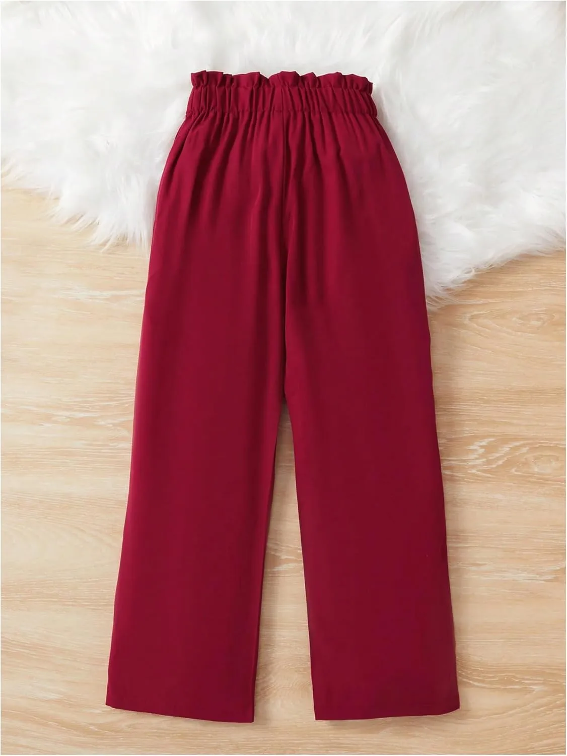 WDIRARA Girl's Paper Bag Waist Belted Wide Leg Pants Casual Elastic High Waist Pants
