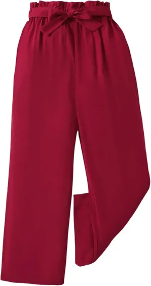 WDIRARA Girl's Paper Bag Waist Belted Wide Leg Pants Casual Elastic High Waist Pants