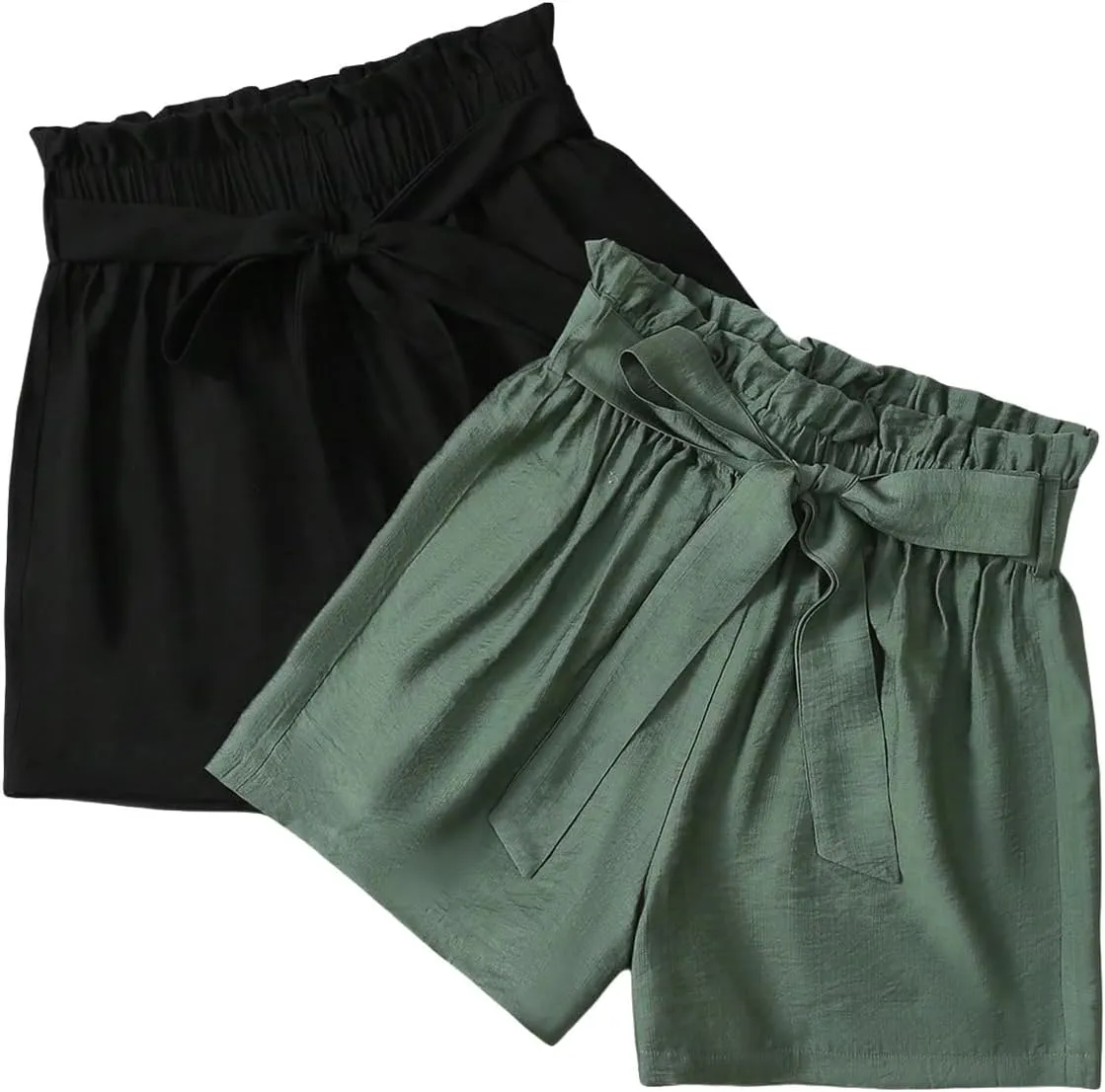 WDIRARA Women's 2 Pack High Rise Wide Leg Shorts Bow Tie Elastic Waist Paperbag Shorts