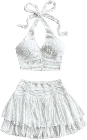 WDIRARA Women's 2 Piece Outfits V-Neck Halter Cami Top and Pleated Layer Hem Elastic Mini Skirt Sets