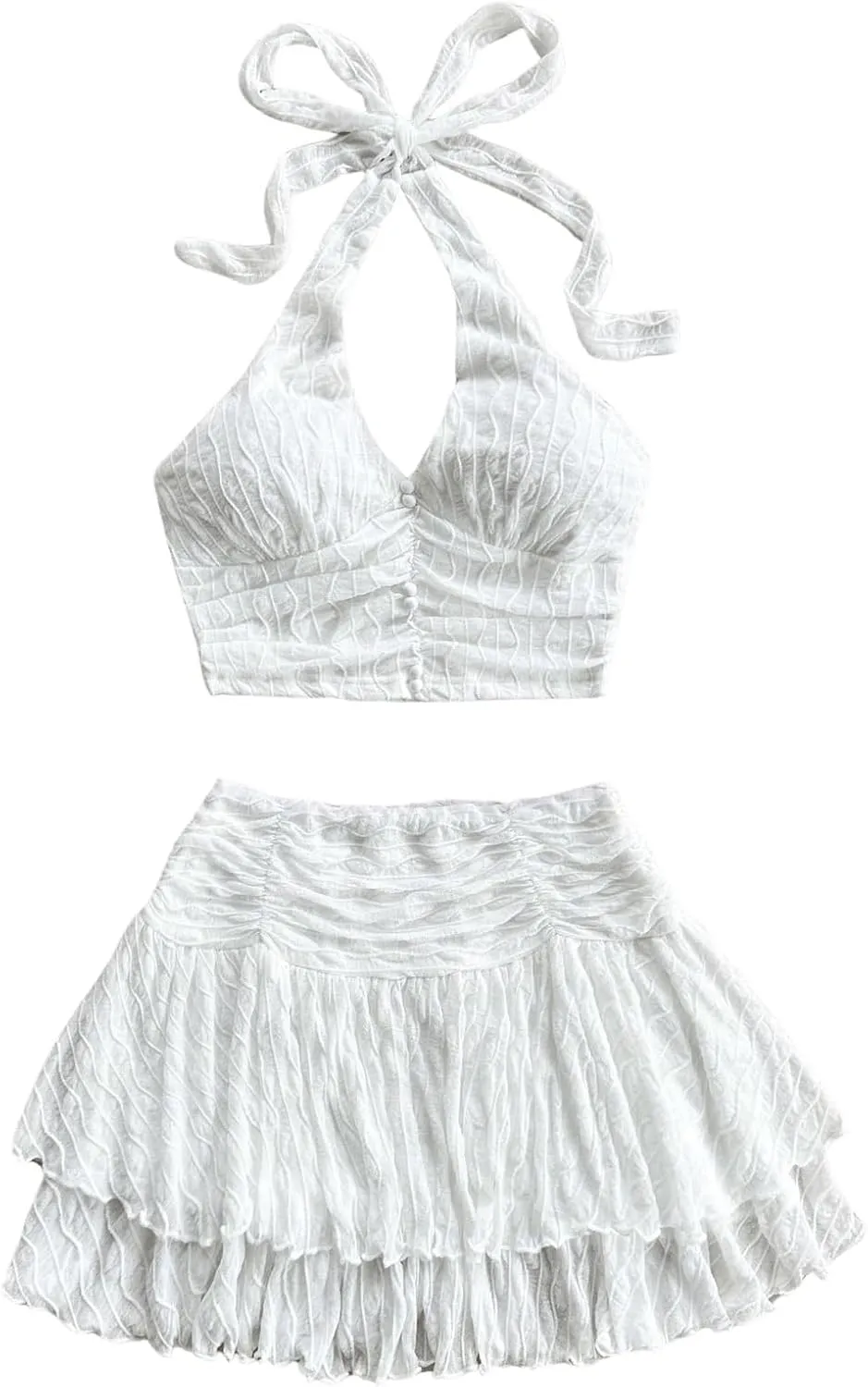 WDIRARA Women's 2 Piece Outfits V-Neck Halter Cami Top and Pleated Layer Hem Elastic Mini Skirt Sets