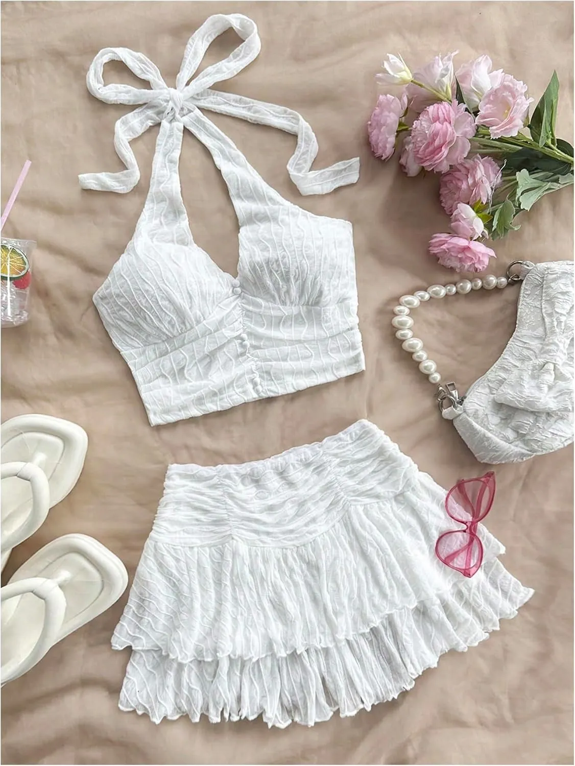 WDIRARA Women's 2 Piece Outfits V-Neck Halter Cami Top and Pleated Layer Hem Elastic Mini Skirt Sets