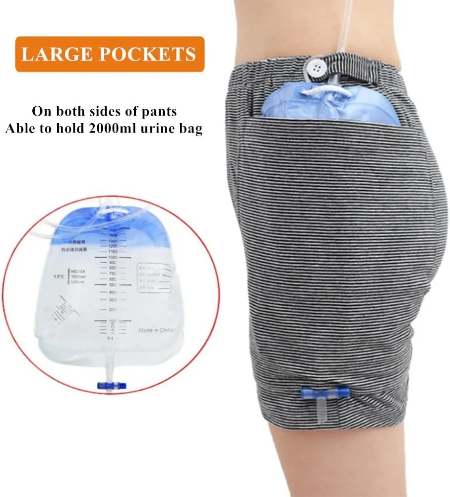 WEEOATAR Incontinence Care Pants, Urinary Drainage Catheter Pants, Urine Bag Underwear with Double Pockets for Nephrostomy, Suprapubic & Biliary Catheters (Woman, Black & White Line, XL)