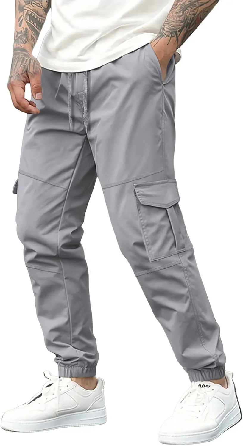 WENKOMG1 Mens Tactical Pants Elastic Ankle and Waist Drawstring Casual Cargo Pants Basic Summer Multipockets Workwear