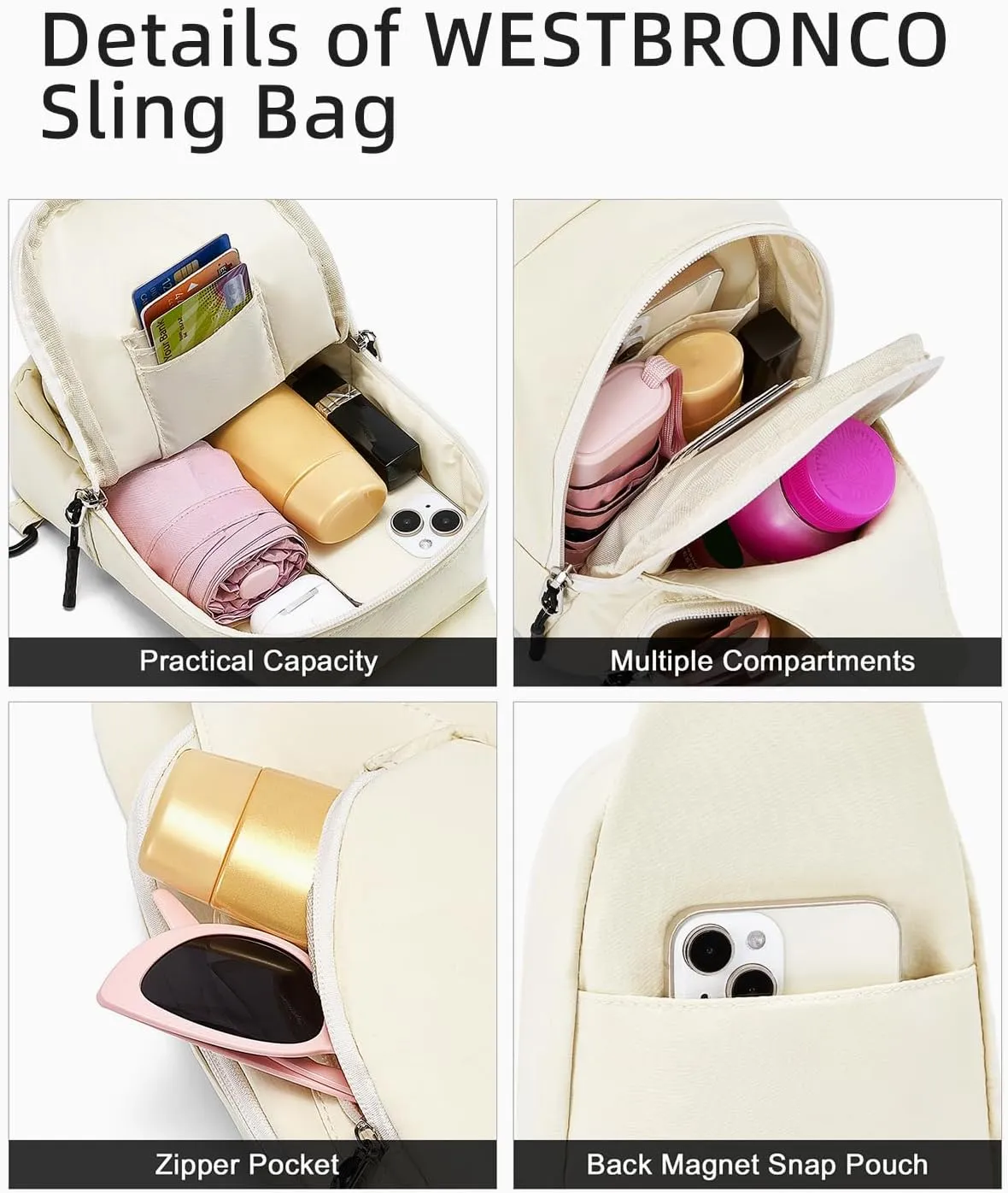 WESTBRONCO Small Sling Bag for Women Nylon Crossbody Sling Backpck Lightweight for Travel Casual Daily