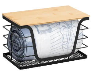 Wetheny Trash Bag Holder with Bamboo Top and Mesh Bottom, Stackable Garbage Bag Holder Dispenser Under Sink, Wall Mounted Storage for Kitchen Laundry Organizers, Black