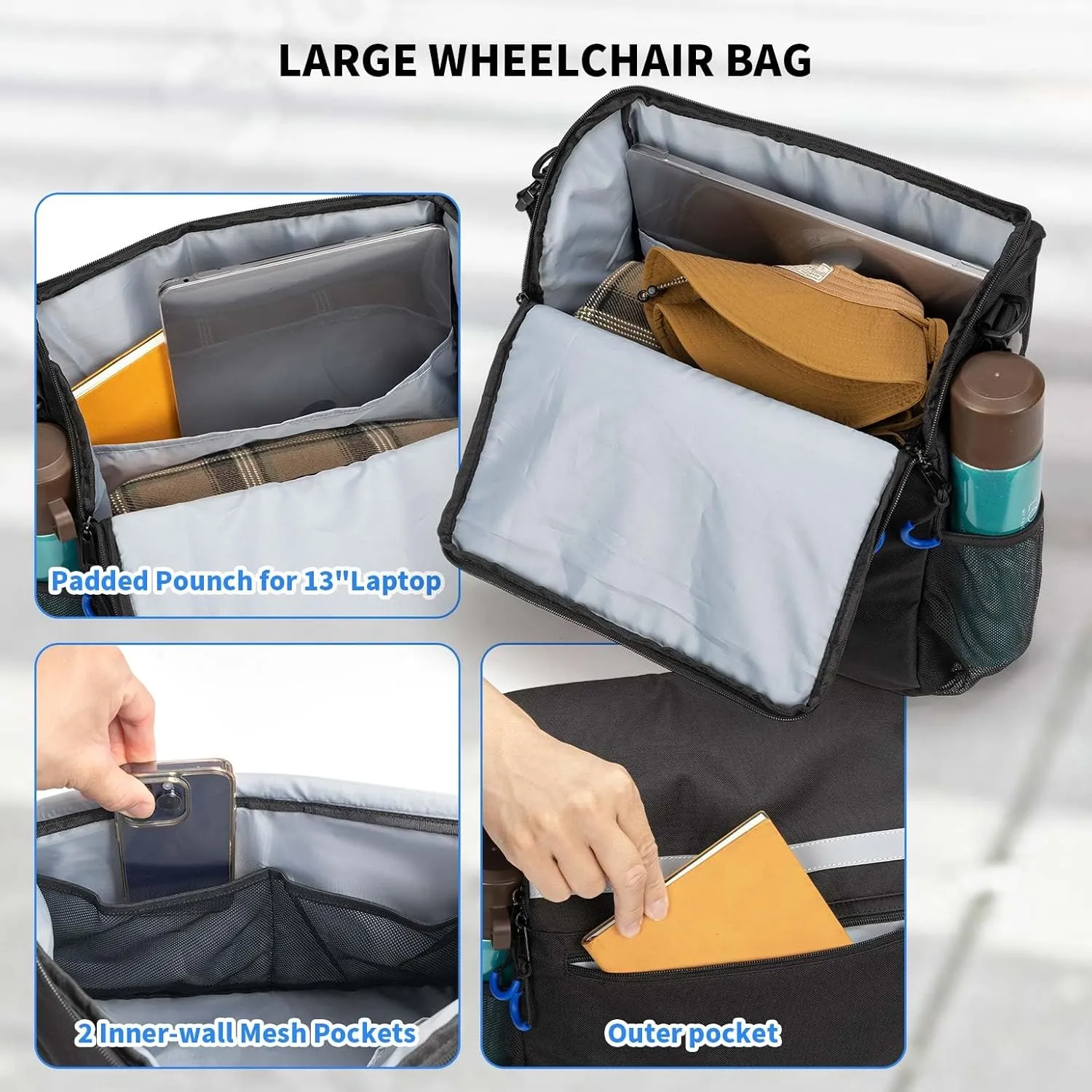 Wheelchair Bags, Wheelchair Backpack with Cup Holder, Wheelchair Bags to Hang on Back, Electric Wheel Chair Accessories, Large Storage Bag for Walker Rollator