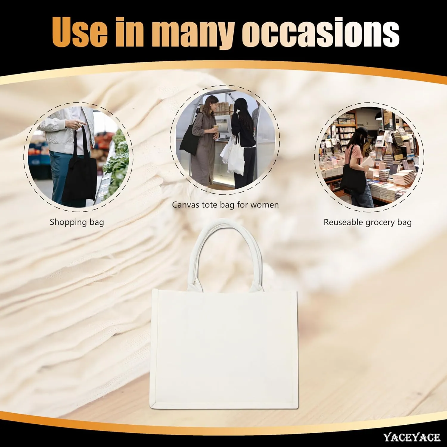 White Canvas Tote Bags with Handles, 1Pcs 15.7"x7"x12" White Canvas Tote Bags Bulk, Reusable Grocery Bags, Tote Bags for Work, Travel, Beach