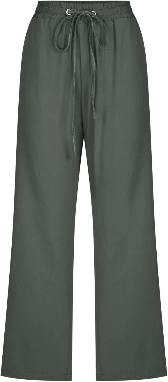Wide Leg Capri Pants for Women Casual Summer Drawstring Elastic High Waist Cotton Linen Pant Cropped Trousers
