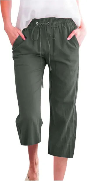 Wide Leg Capri Pants for Women Casual Summer Drawstring Elastic High Waist Cotton Linen Pant Cropped Trousers