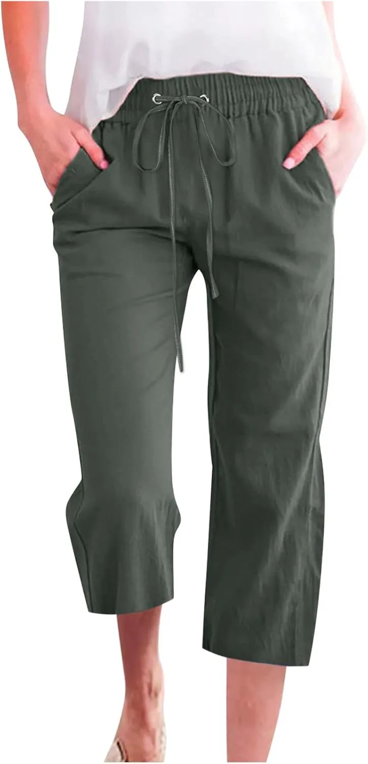 Wide Leg Capri Pants for Women Casual Summer Drawstring Elastic High Waist Cotton Linen Pant Cropped Trousers