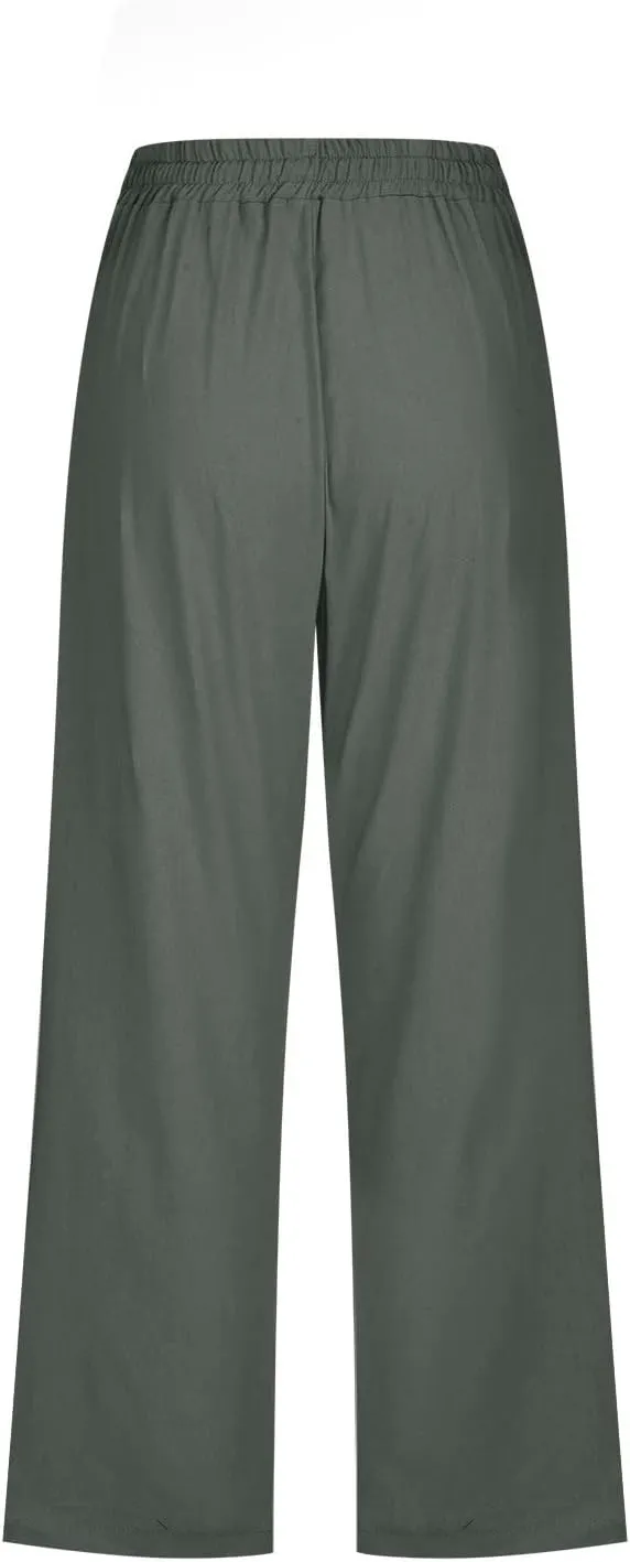 Wide Leg Capri Pants for Women Casual Summer Drawstring Elastic High Waist Cotton Linen Pant Cropped Trousers