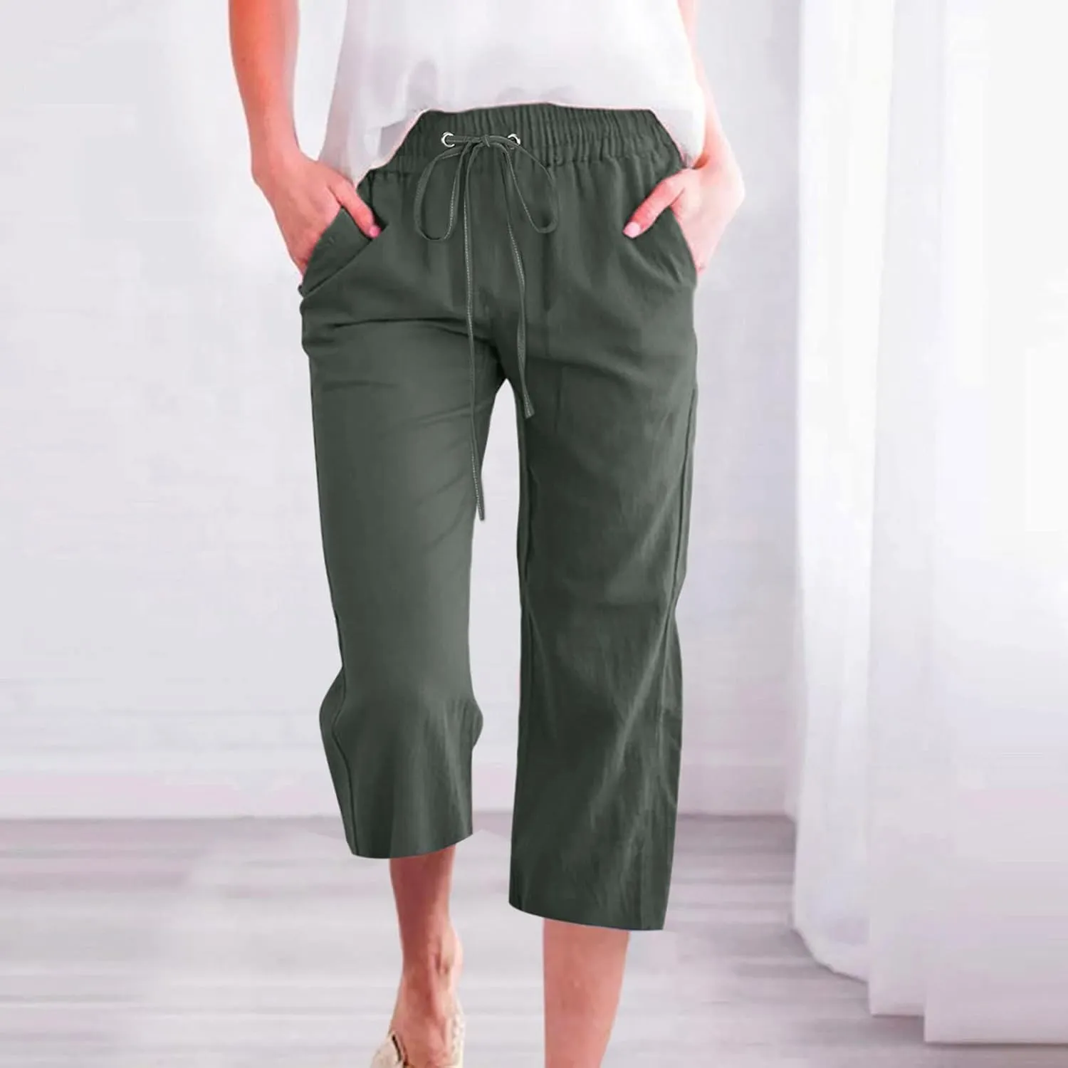 Wide Leg Capri Pants for Women Casual Summer Drawstring Elastic High Waist Cotton Linen Pant Cropped Trousers