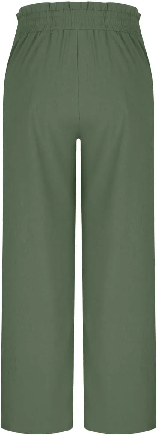 Wide Leg Pants for Women Elastic High Waist Elastic Waist Paperbag Pants Casual Loose Trousers with Pockets