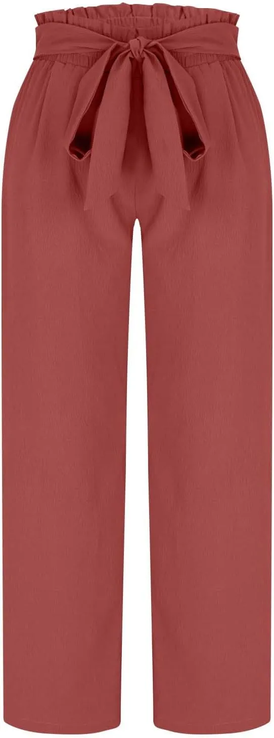 Wide Leg Pants for Women Elastic High Waist Elastic Waist Paperbag Pants Casual Loose Trousers with Pockets