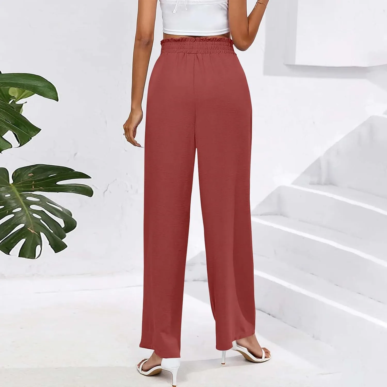 Wide Leg Pants for Women Elastic High Waist Elastic Waist Paperbag Pants Casual Loose Trousers with Pockets