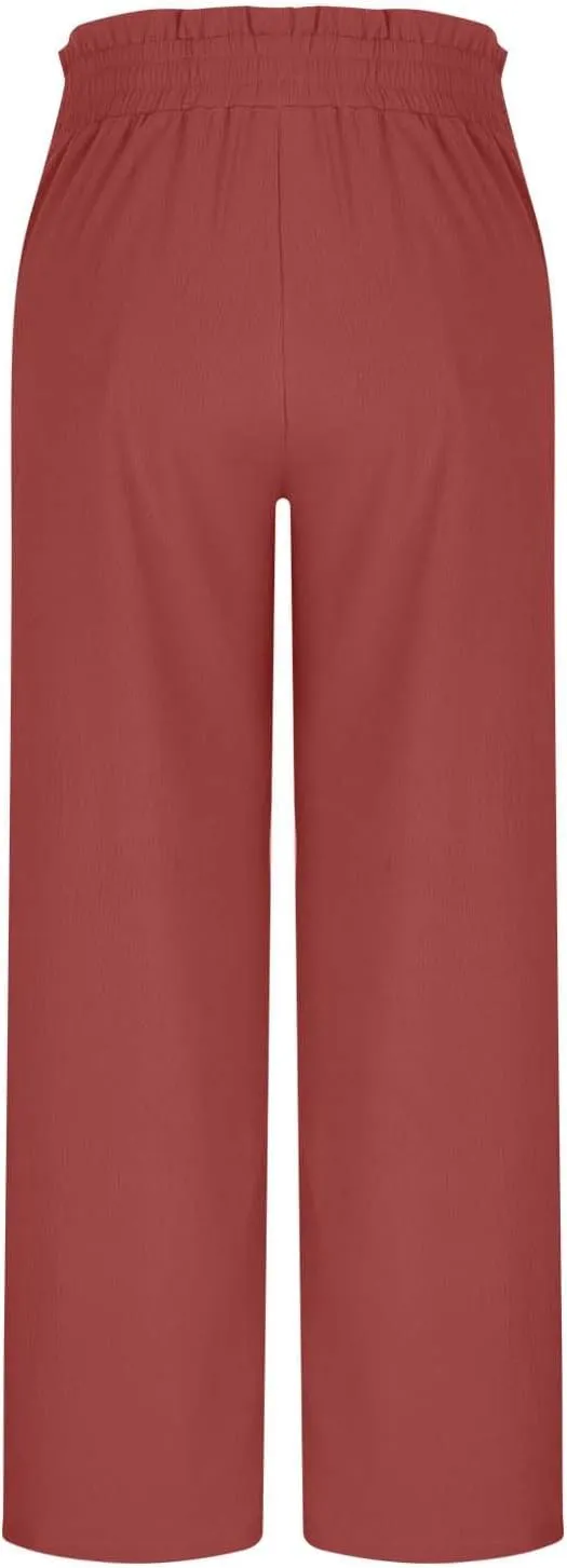 Wide Leg Pants for Women Elastic High Waist Elastic Waist Paperbag Pants Casual Loose Trousers with Pockets