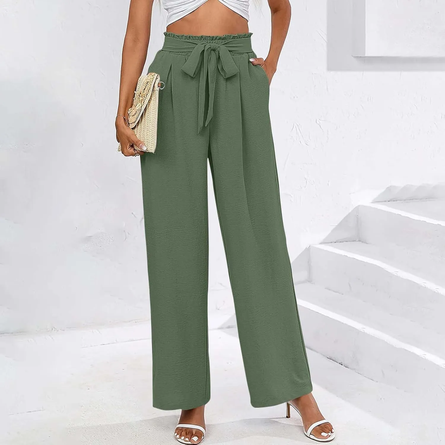 Wide Leg Pants for Women Elastic High Waist Elastic Waist Paperbag Pants Casual Loose Trousers with Pockets