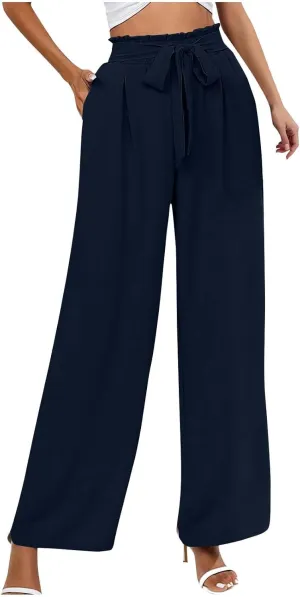 Wide Leg Pants for Women Elastic High Waist Elastic Waist Paperbag Pants Casual Loose Trousers with Pockets