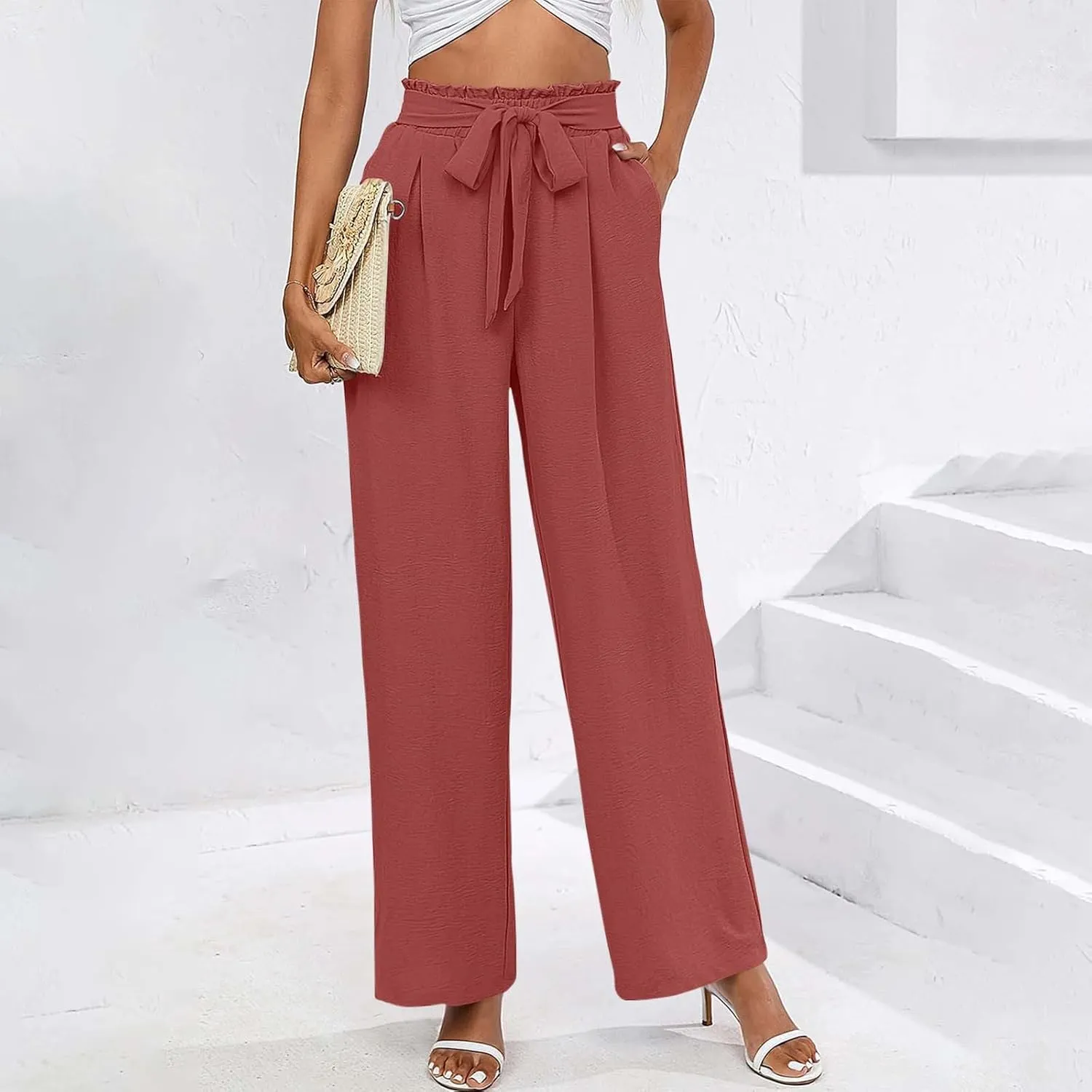 Wide Leg Pants for Women Elastic High Waist Elastic Waist Paperbag Pants Casual Loose Trousers with Pockets
