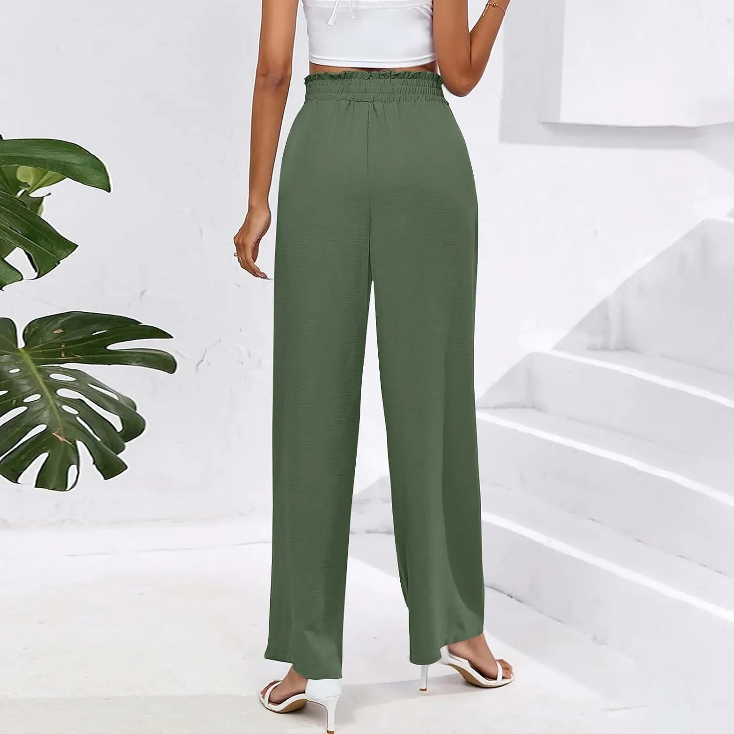 Wide Leg Pants for Women Elastic High Waist Elastic Waist Paperbag Pants Casual Loose Trousers with Pockets