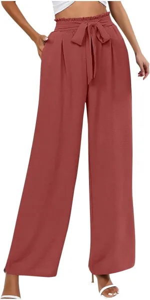 Wide Leg Pants for Women Elastic High Waist Elastic Waist Paperbag Pants Casual Loose Trousers with Pockets