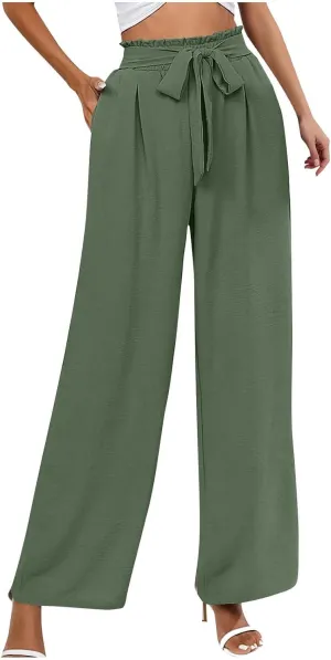 Wide Leg Pants for Women Elastic High Waist Elastic Waist Paperbag Pants Casual Loose Trousers with Pockets