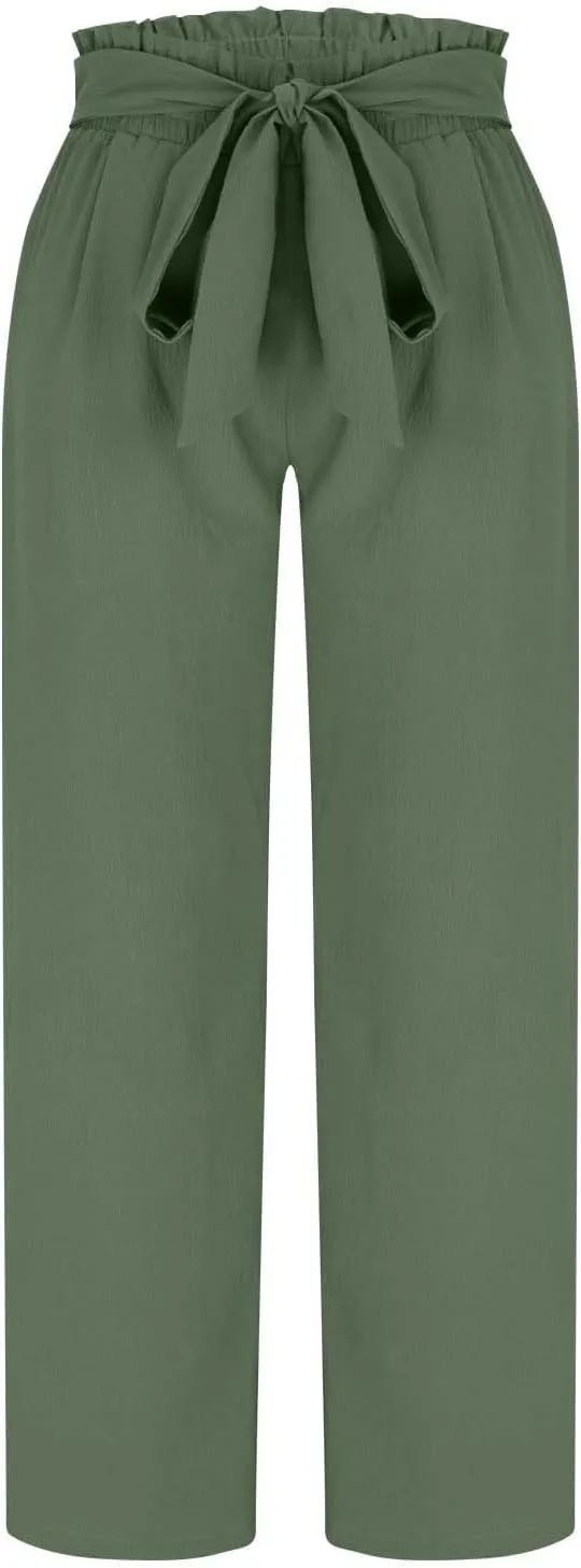 Wide Leg Pants for Women Elastic High Waist Elastic Waist Paperbag Pants Casual Loose Trousers with Pockets