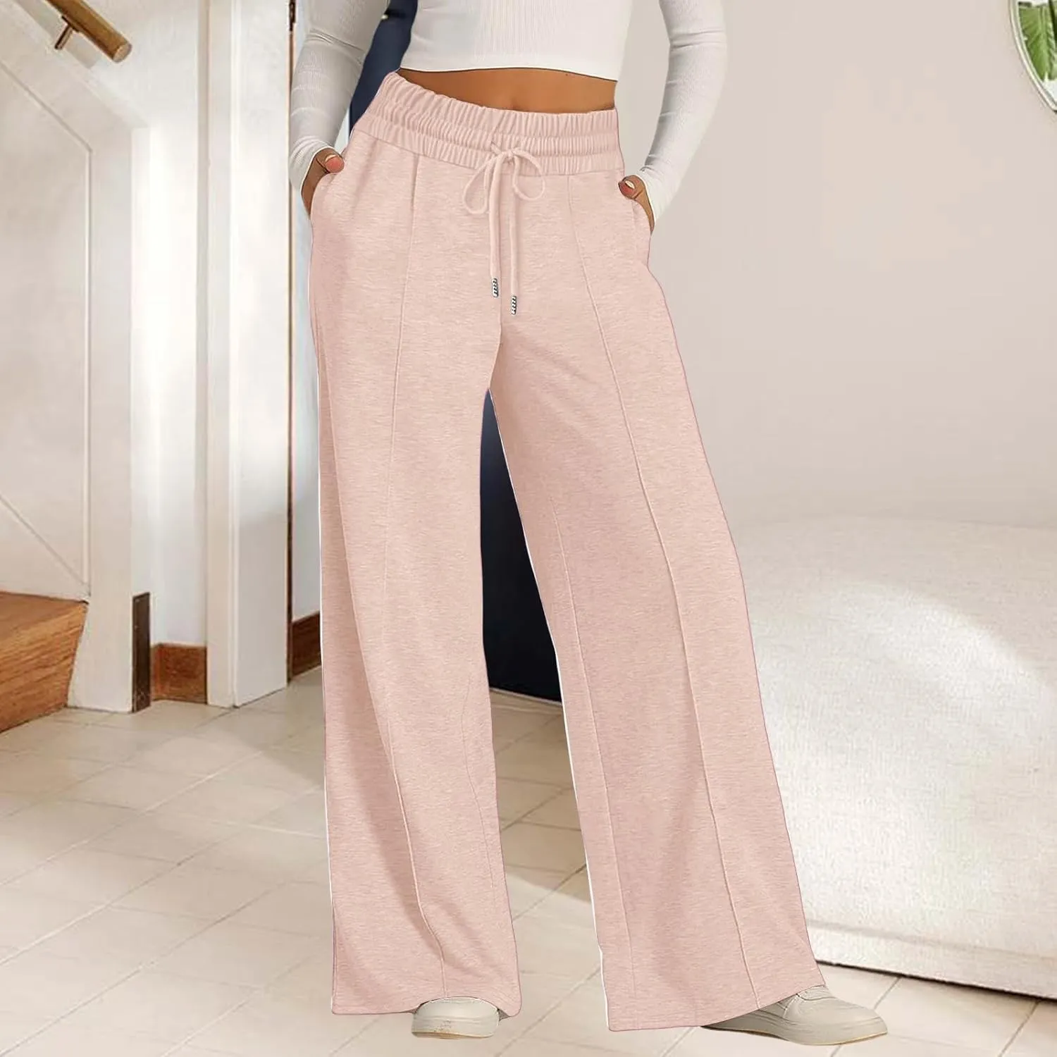 Wide Leg Sweatpants Women Elastic Drawstring Straight Leg Lounge Pants Casual Comfy Athletic Flare Joggers Trousers