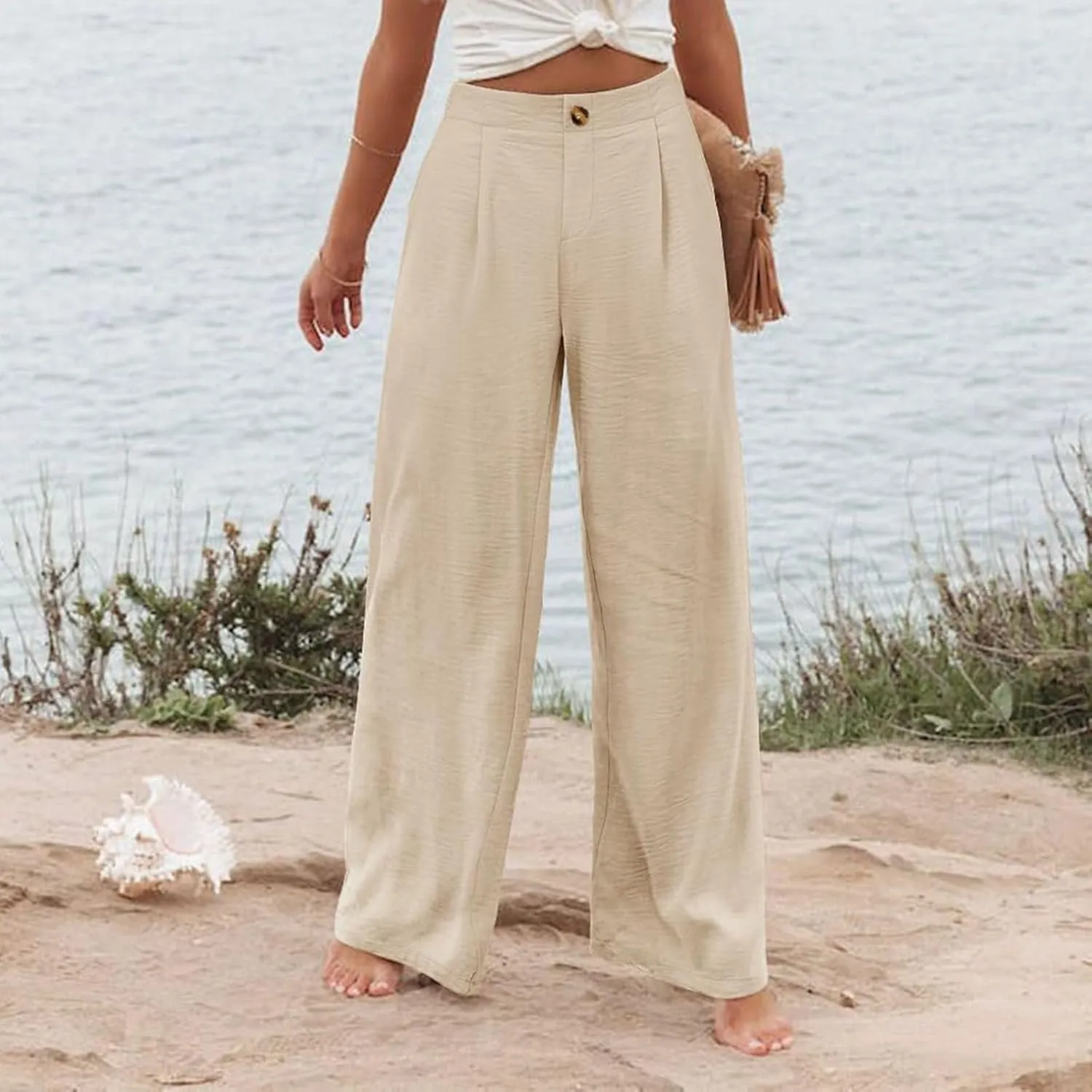 Wide Leg Trousers Pants for Women High Elastic Waisted in The Back Business Work Button Long Casual Pants Palazzo Plus