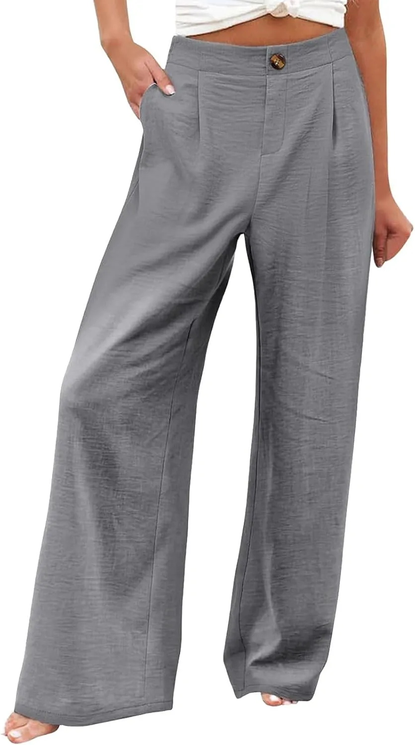 Wide Leg Trousers Pants for Women High Elastic Waisted in The Back Business Work Button Long Casual Pants Palazzo Plus