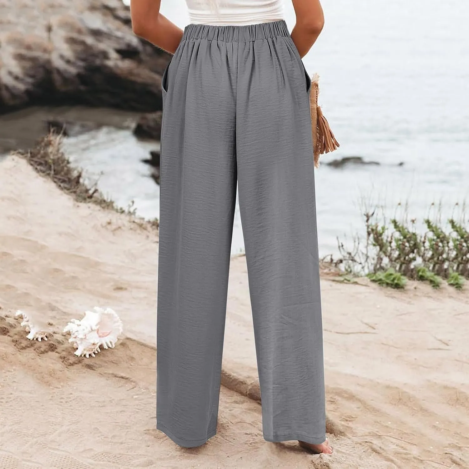 Wide Leg Trousers Pants for Women High Elastic Waisted in The Back Business Work Button Long Casual Pants Palazzo Plus