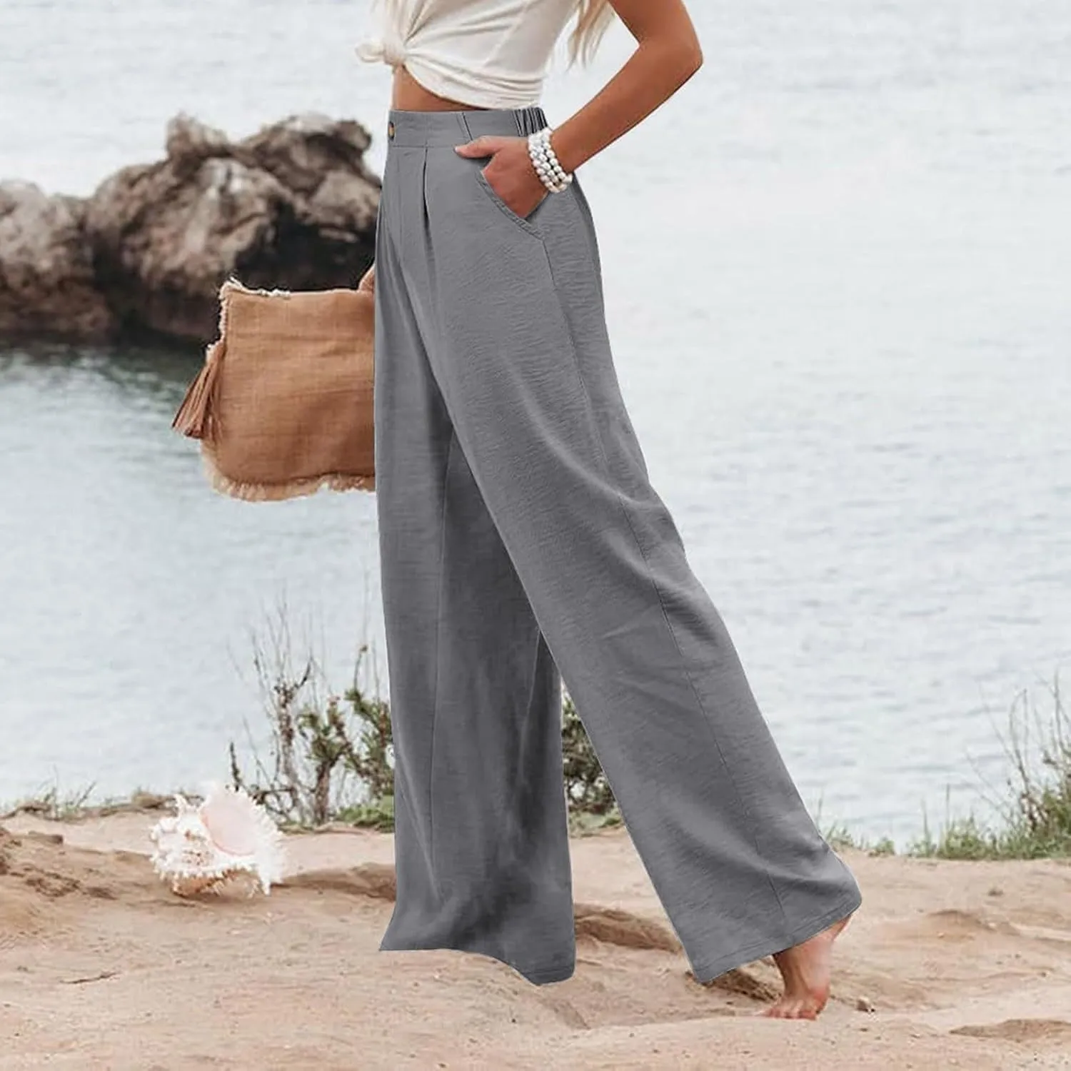 Wide Leg Trousers Pants for Women High Elastic Waisted in The Back Business Work Button Long Casual Pants Palazzo Plus