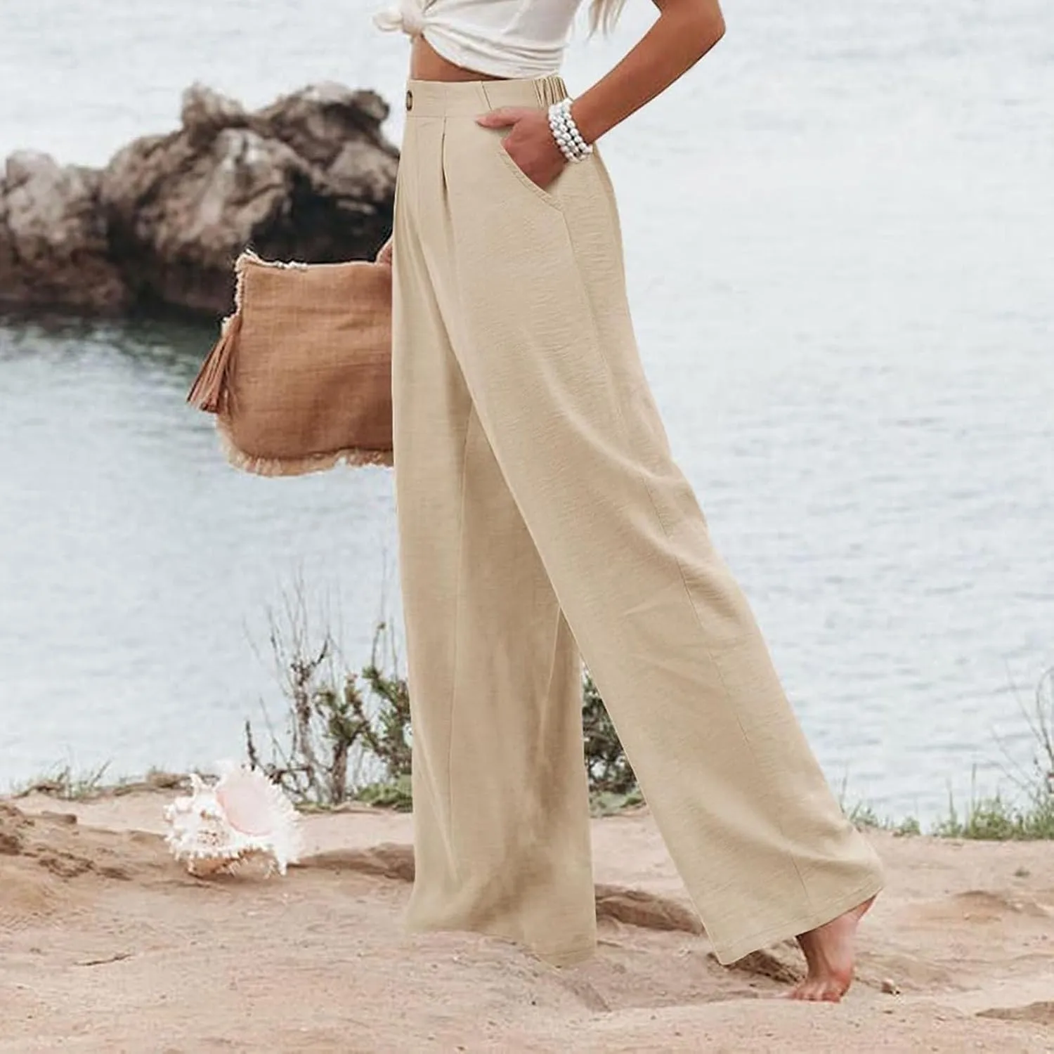 Wide Leg Trousers Pants for Women High Elastic Waisted in The Back Business Work Button Long Casual Pants Palazzo Plus
