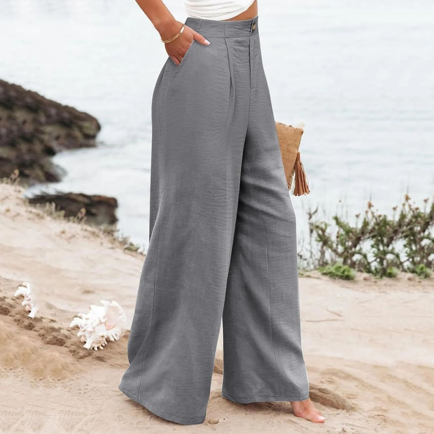 Wide Leg Trousers Pants for Women High Elastic Waisted in The Back Business Work Button Long Casual Pants Palazzo Plus