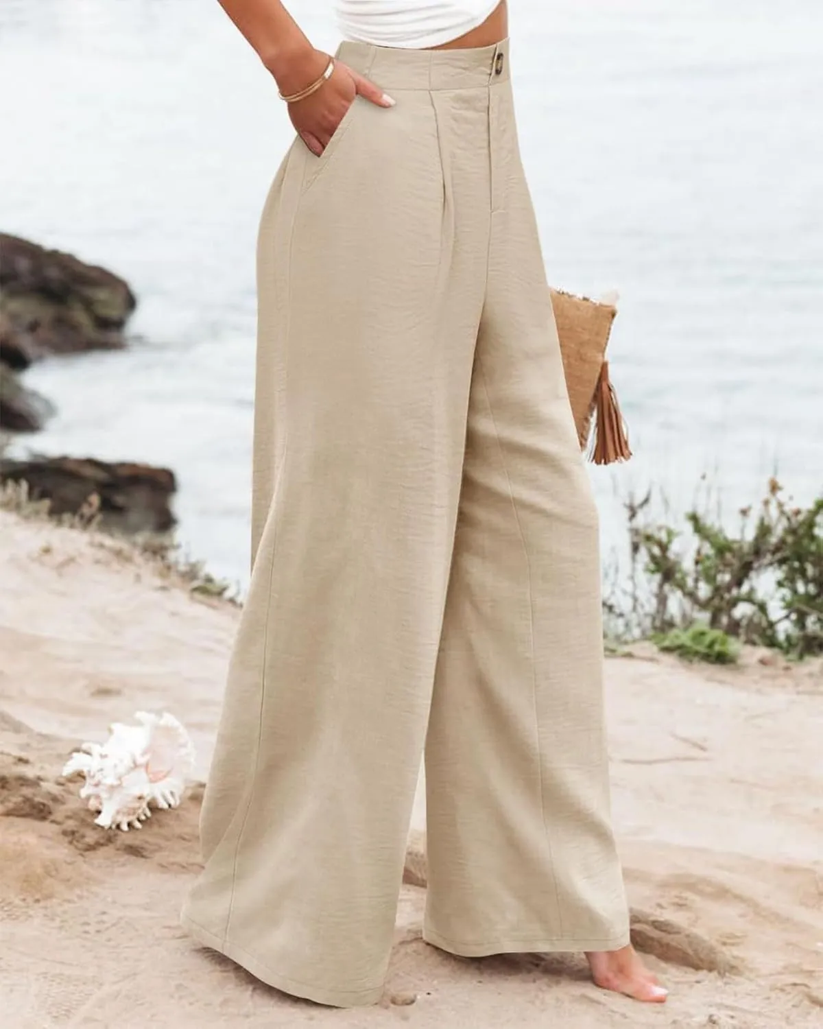 Wide Leg Trousers Pants for Women High Elastic Waisted in The Back Business Work Button Long Casual Pants Palazzo Plus