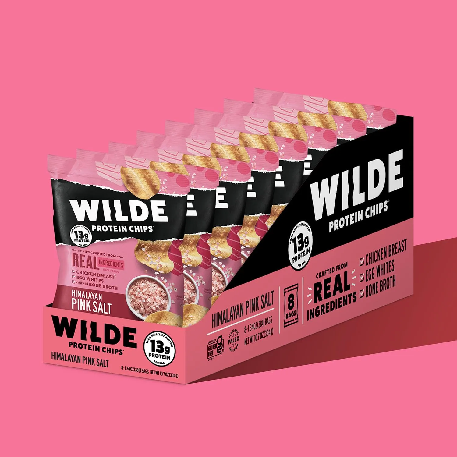 WILDE Himalayan Pink Salt Protein Chips, Thin and Crispy, High Protein, Keto Friendly, Made with Real Ingredients, 1.34oz Bags (Pack of 8)