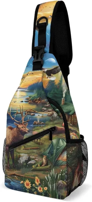Wildlife Deer Bear Eagle Funny Crossbody Sling Bag Novelty Chest Bags Shoulder Backpack For Travel Hiking 15×8×4 Inches
