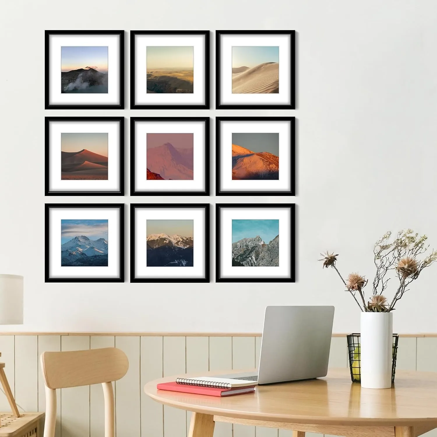 Wiscet 12x12 Picture Frame Set of 9, Gallery Wall Frame Set Display Pictures 8x8 with Mat or 12 x 12 Without Mat, Square Collage Picture Frames for Wall, Black