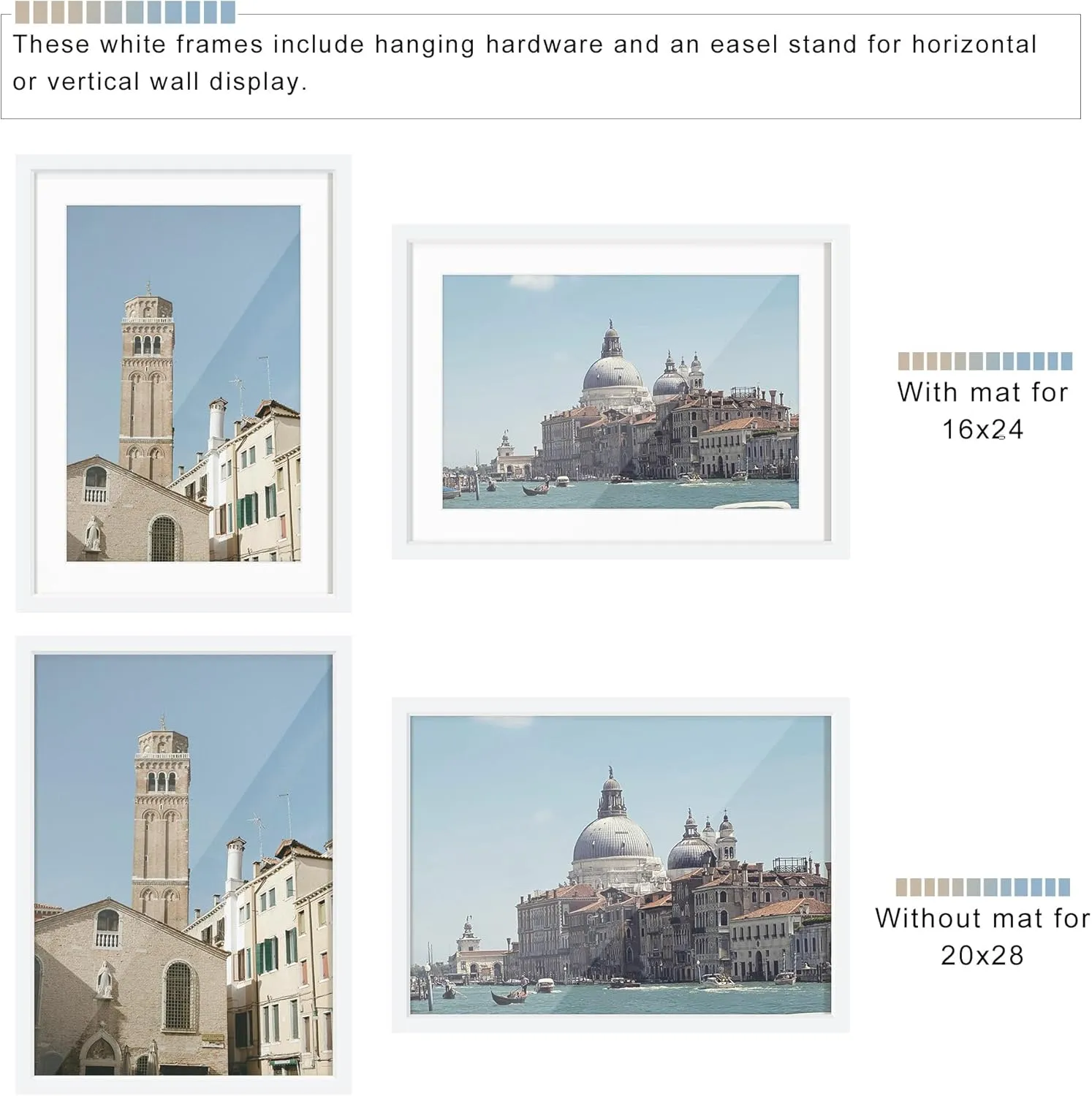 Wiscet 20x28 Picture Frame Set of 3, Display Pictures 16x24 with Mat or 20 x 28 Poster Frame Without Mat, Wall Gallery Photo Frames, White