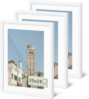 Wiscet 20x28 Picture Frame Set of 3, Display Pictures 16x24 with Mat or 20 x 28 Poster Frame Without Mat, Wall Gallery Photo Frames, White