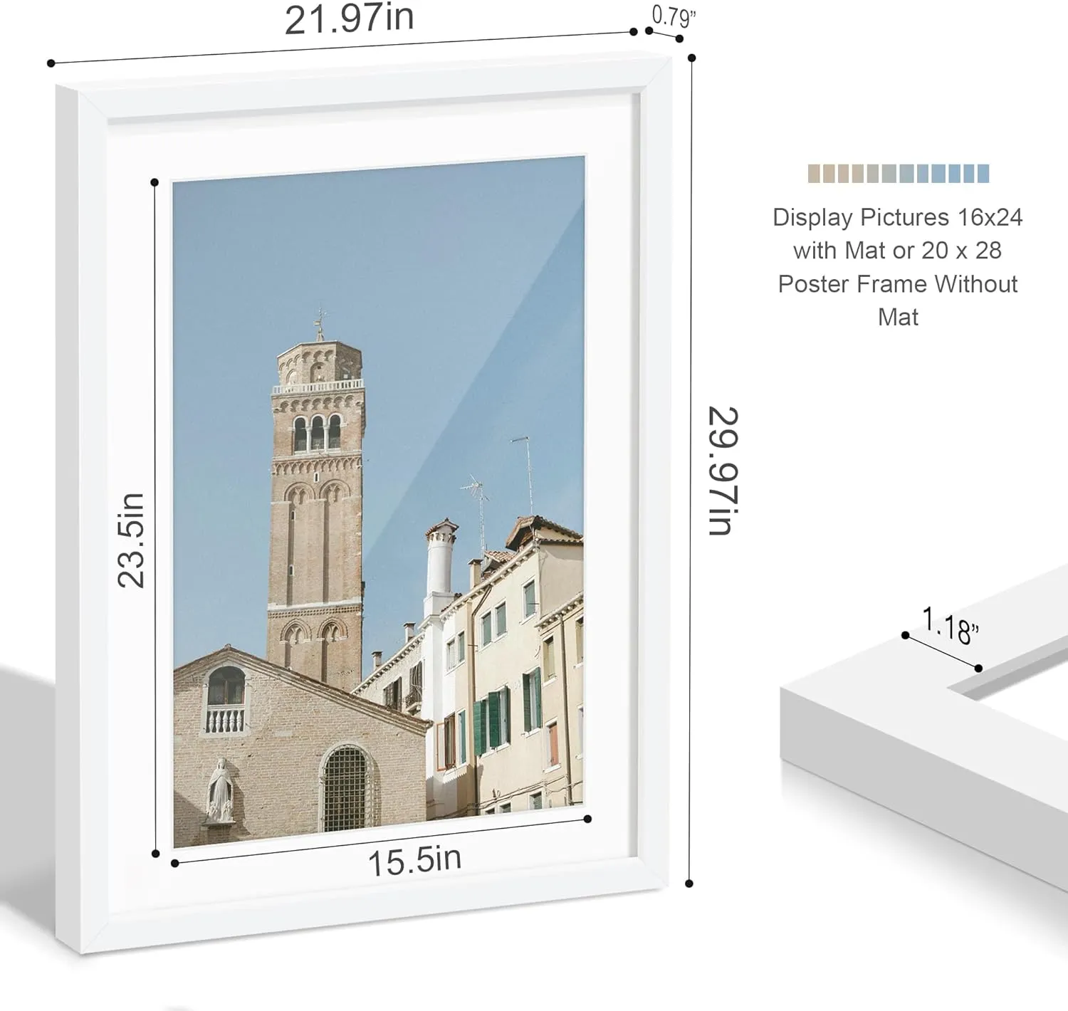 Wiscet 20x28 Picture Frame Set of 3, Display Pictures 16x24 with Mat or 20 x 28 Poster Frame Without Mat, Wall Gallery Photo Frames, White