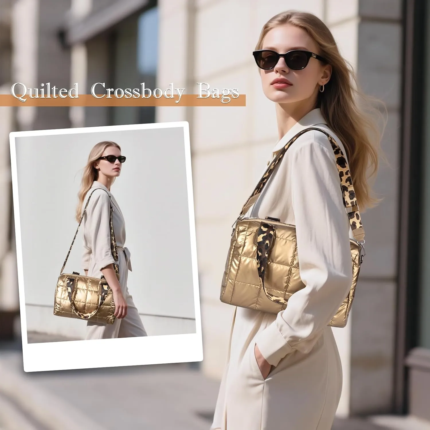 WiseBoy Quilted Crossbody Bags Handbag for Women, Gold Trendy Puffy Shoulder Bag Fashion Purse for Girls, Ladies